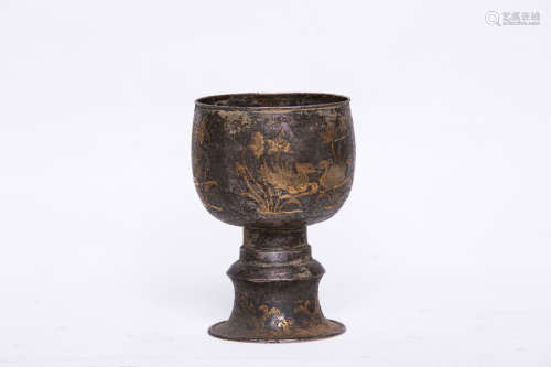 Chinese Rare Bronze Silver Painted Engraved Candlestick