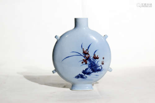 Chinese Qing Dynasty Kangxi Period Green Glaze Blue And White Underglaze Red Porcelain Bottle