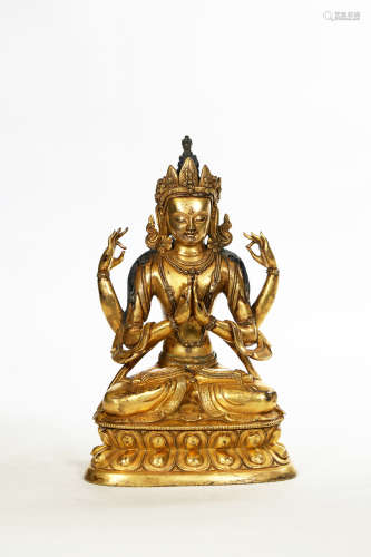 Chinese Exquisite Bronze Gold Gilded Statue Of Guanyin With Four Arms