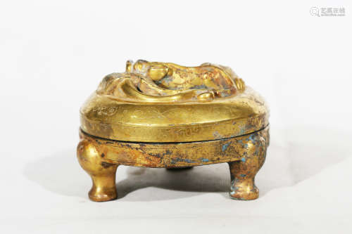 Chinese Exquisite Bronze Gold Gilded Inkstone
