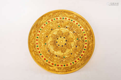 Chinese Exquisite Bronze Gold Gilded Plate Inlaid With Gem Plate