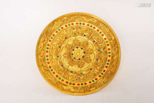 Chinese Exquisite Bronze Gold Gilded Plate Inlaid With Gem Plate