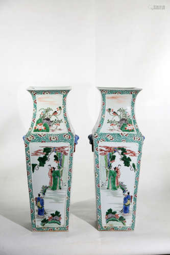 Chinese Pair Of Qing Dynasty Kangxi Period Verte Rose Porcelain Square Bottles