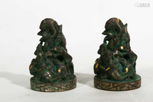 Chinese Pair Of Bronze Gold Painted Beast Ornament
