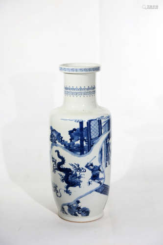Chinese Qing Dynasty Kangxi Period Blue And White Figures Barrel Bottle