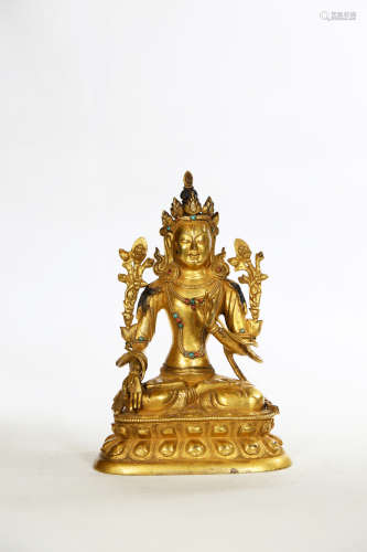Chinese Exquisite Bronze Gold Gilded Green Tara Statue