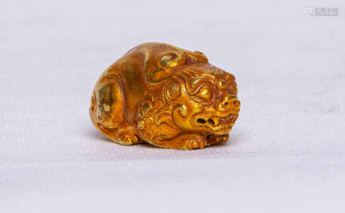 Chinese Exquisite Bronze Gold Gilded Lying Beast