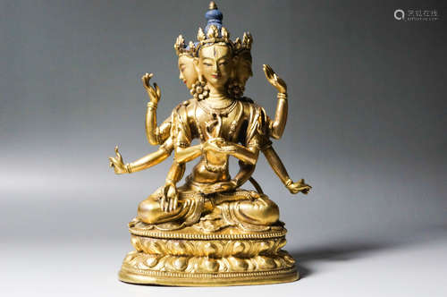 Chinese Exquisite Bronze Gold Gilded Buddha Statue