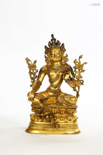 Chinese Exquisite Bronze Gold Gilded Green Tara Statue