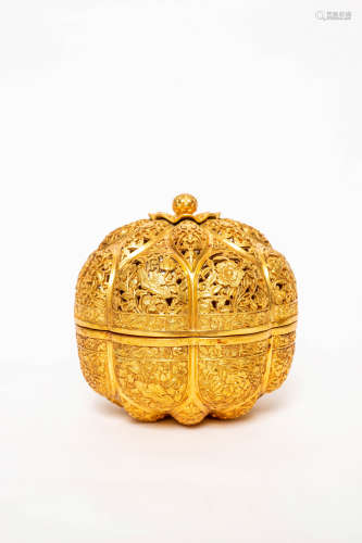 Chinese Exquisite Bronze Gold Gilded Hollowed Out Cover Box