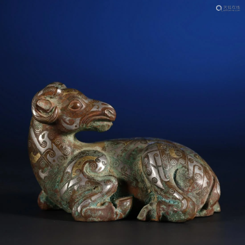 ANCIENT CHINESE,GOLD AND SILVER-INLAID BRONZE SHEEP