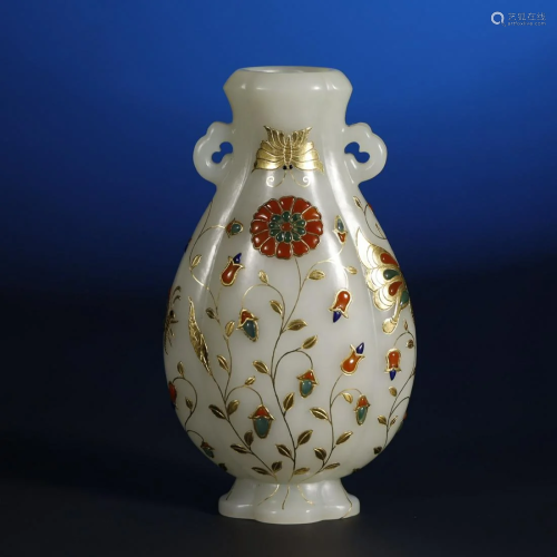 ANCIENT CHINESE, GOLD AND SILVER-INLAID WHITE JADE VASE