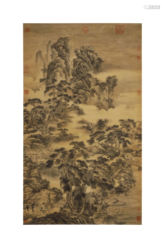 MA YUAN,INK AND COLOUR ON SILK CHINESE CALLIGRAPHY