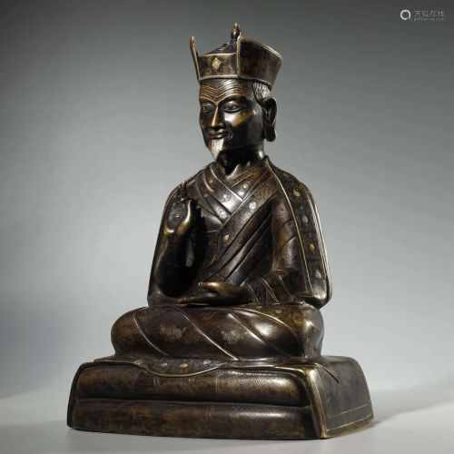 ANCIENT TIBETAN,SILVER-INLAID ALLOY COPPER BUDDHA