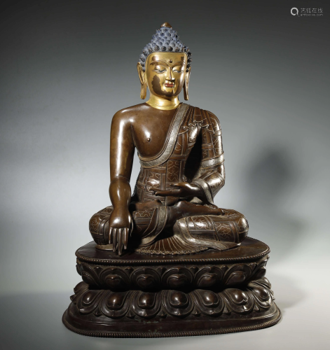 ANCIENT TIBETAN,SILVER-INLAID ALLOY COPPER BUDDHA