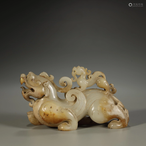 ANCIENT CHINESE, WHITE AND RUSSET JADE MYTHICAL BEAST
