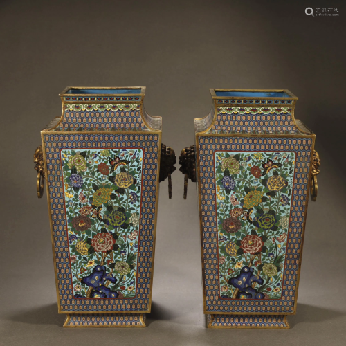 A PAIR OF ANCIENT CHINESE GILT-BRONZE CLOISONNE VASES