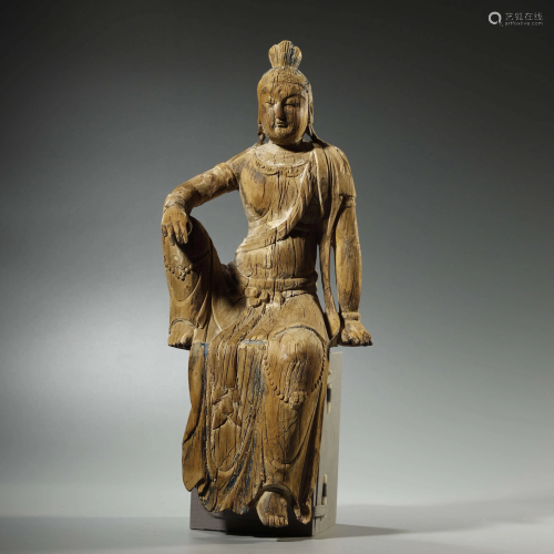 ARCHAIC CHINESE, WOOD CARVING BODHISATTVA STATUE