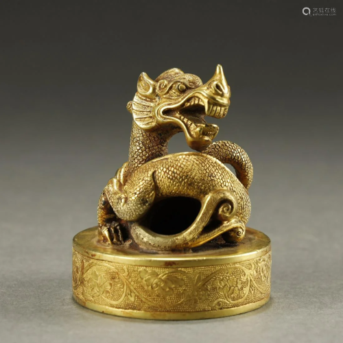 ANCIENT CHINESE,GILT-BRONZE MYTHICAL BEAST SEAL