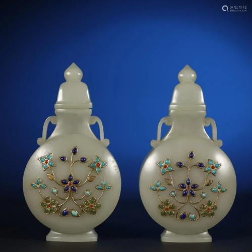 A PAIR OF ANCIENT CHINESE,GEMSTONE-INLAID VASES