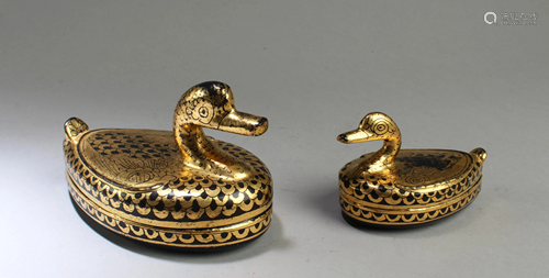 A Pair of Lacquer Swan Boxes