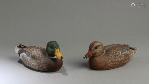 Two Carved Wooden Mandarin Ducks Figurine