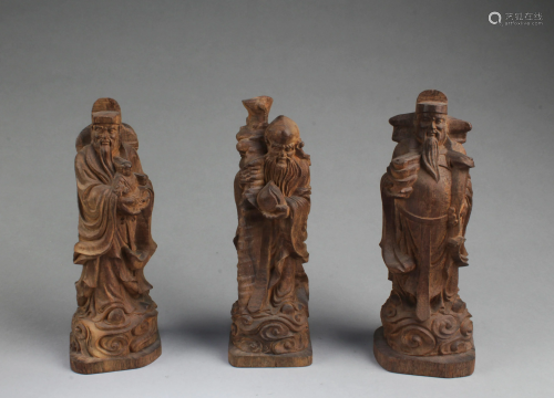 A Set of Three Chinese Wooden Carved Fu Lu Shou Statues