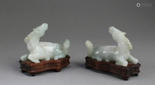 A Pair of Carved Jade Horse Figurines