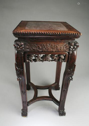 Chinese Hardwood Carved Flower Stand with Marble Inlay