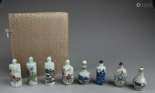 A Box of Eight Chinese Porcelain Snuff Bottle