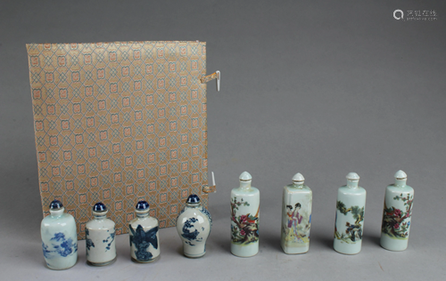 A Box of Eight Chinese Porcelain Snuff Bottle