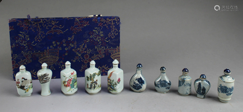 A Box of Ten Chinese Porcelain Snuff Bottle