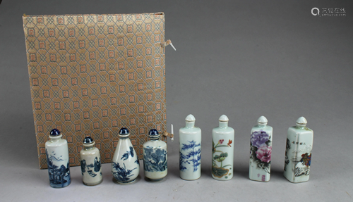 A Box of Eight Chinese Porcelain Snuff Bottle