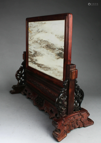 Chinese Hardwood Table Screen With Marble Inlay