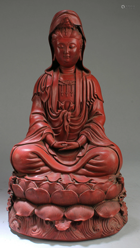 Chinese Cinnabar Lacquered Guanyin Statue