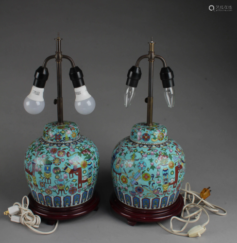 A Pair of Antique Cloisonne Table Lamps, with wooden