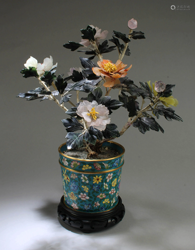 A Cloisonne Flower Pot with Agate Flower Petals