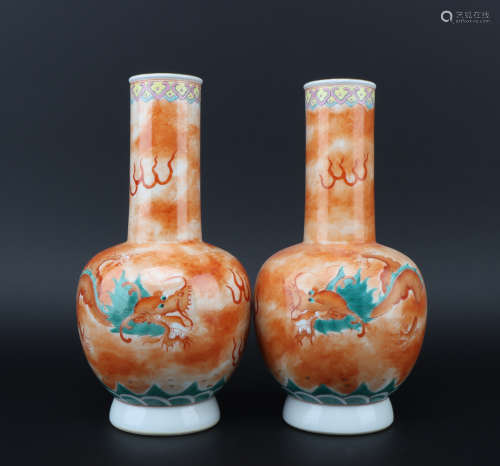 A pair of allite red glazed 'dragon' bottle,Qing dynasty