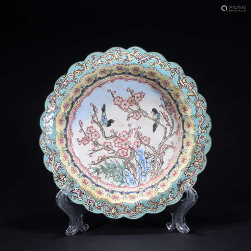 A enamel 'floral and birds' plate,Qing dynasty