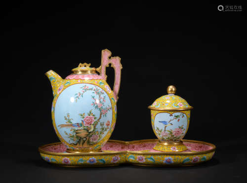 A enamel 'floral and birds' tea set,Qing dynasty