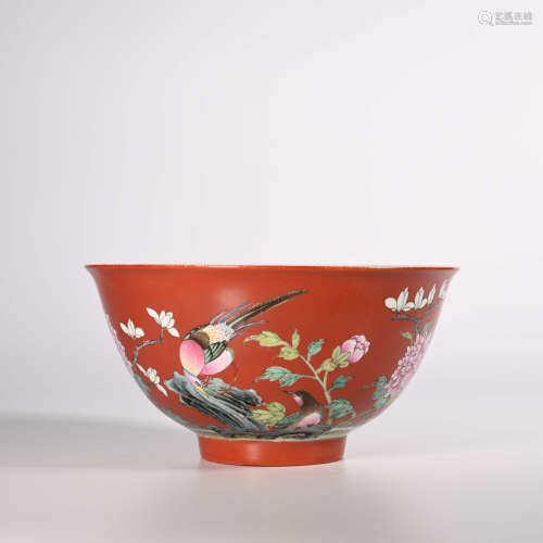 Daoguang Red Glazed Flower and Bird Bowl