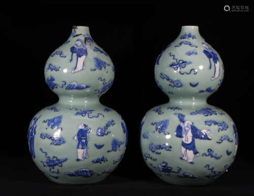Pair Celadon Ground and Underglaze Blue Vases Qing Style