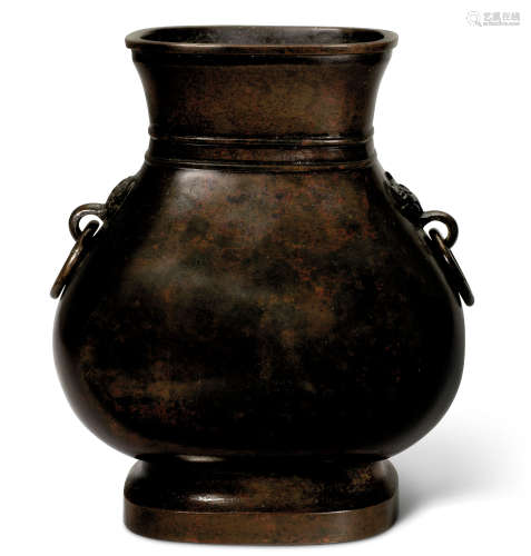 明十七世紀 銅仿古饕餮紋雙耳活環壺