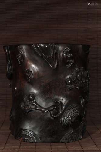 A Chinese Rosewood Brush Pot With Crane Pattern