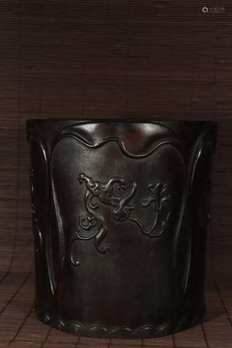 A Chinese Rosewood Brush Pot With Dragon Carving