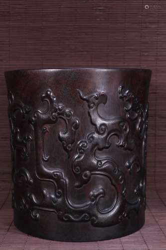 A Chinese Rosewood Brush Pot With Beast Pattern