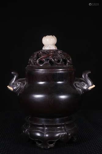 A Chinese Rosewood Censer With Shoushan Stone