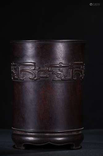 A Chinese Rosewood Brush Pot With Beast Pattern