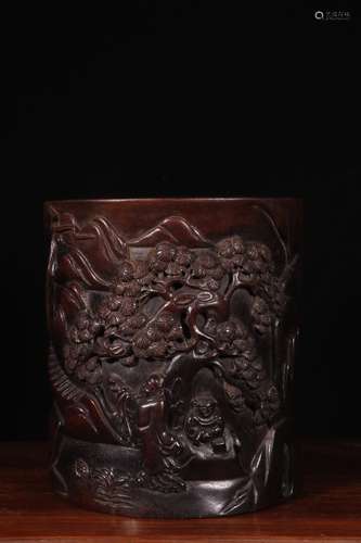 A Chinese Rosewood Brush Pot With Story Painting