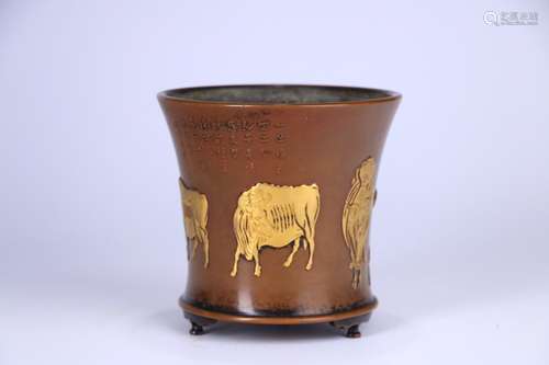 A Chinese Gilt Bronze Brush Pot With Beast Carving